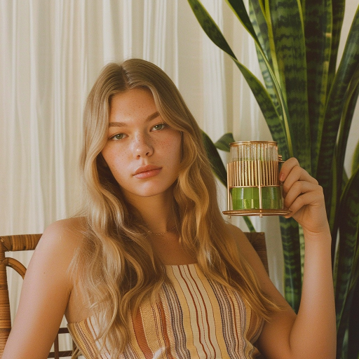 Mujer sosteniendo una taza de té matcha en un entorno natural, simbolizando la salud y el bienestar asociados con el consumo de Kisori Matcha.