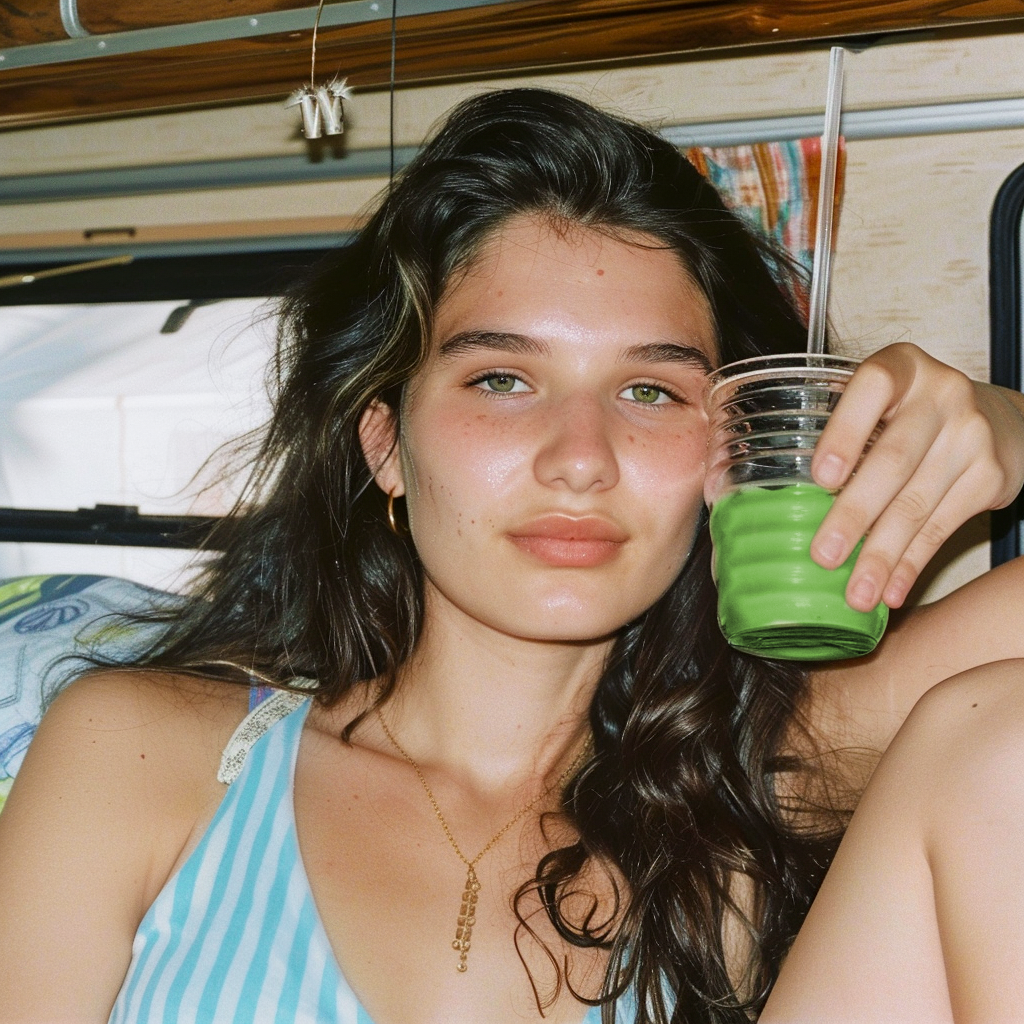 Kisori Matcha chica guapa morena ojos verdes bebe te matcha